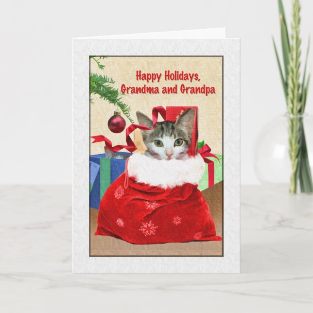 Karte des Großvaters Weihnachtsmit Katze unter (Vorderseite)