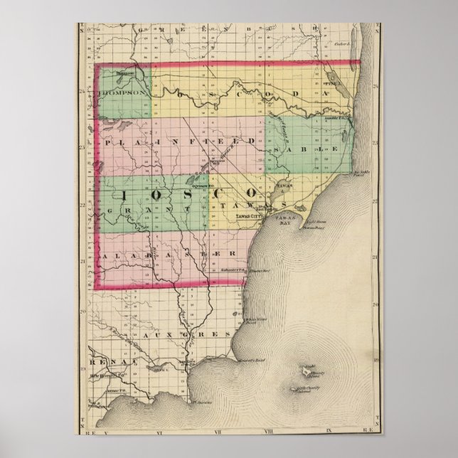 Karte des Iosco-Landkreises, Michigan Poster (Vorne)