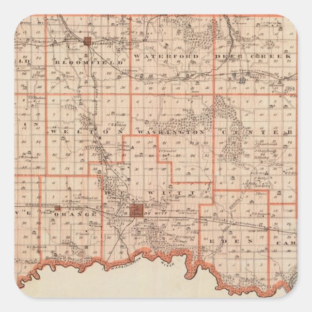 Karte des Landkreises Clinton, Staat von Iowa Quadratischer Aufkleber (Vorderseite)