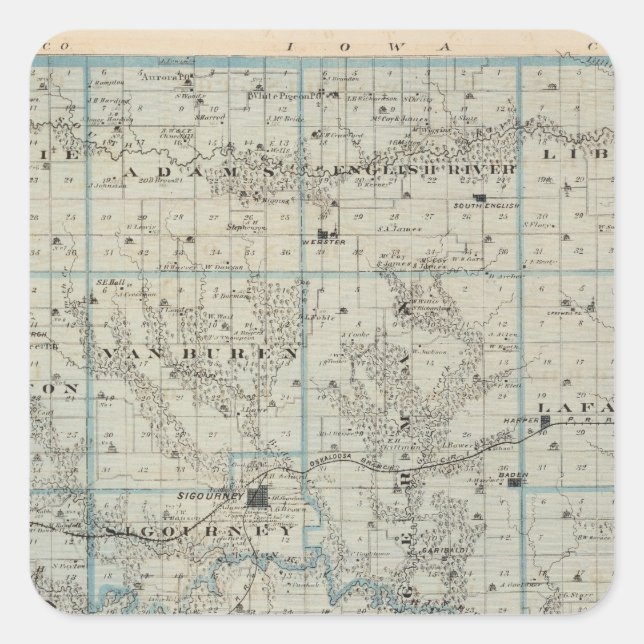 Karte des Landkreises Keokuk, Staat von Iowa Quadratischer Aufkleber (Vorderseite)