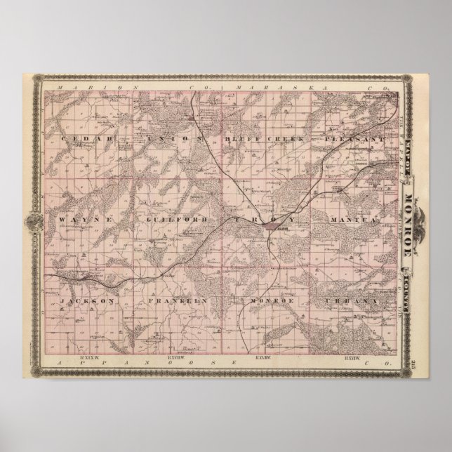 Karte des Landkreises Monroe, Staat von Iowa Poster (Vorne)