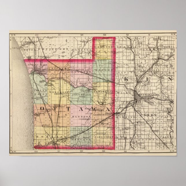 Karte des Landkreises Ottawa, Michigan Poster (Vorne)