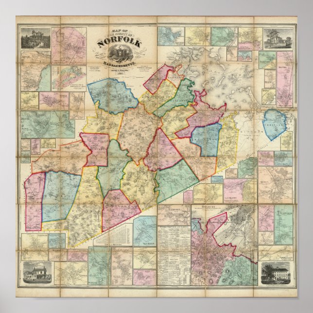 Karte des Landkreises von Norfolk, Massachusetts Poster (Vorne)