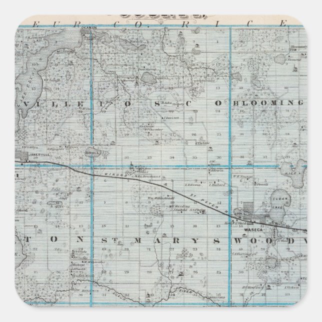 Karte des Landkreises Waseca, Minnesota Quadratischer Aufkleber (Vorderseite)