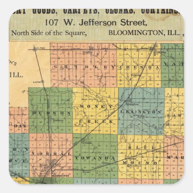 Karte des McLean-Landkreises, Illinois 1886 Quadratischer Aufkleber (Vorderseite)