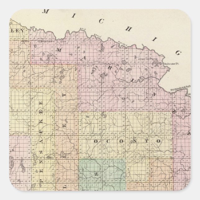 Karte des nördlichen Landkreises von Oconto Quadratischer Aufkleber (Vorderseite)