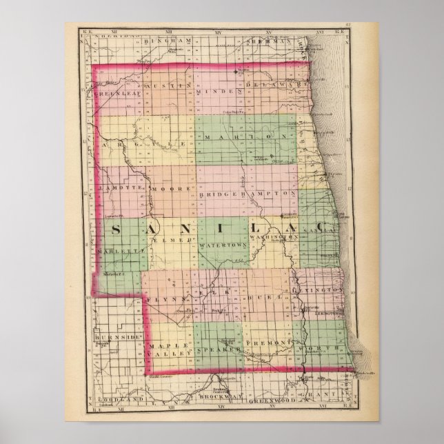 Karte des Sanilac-Landkreises, Michigan Poster (Vorne)