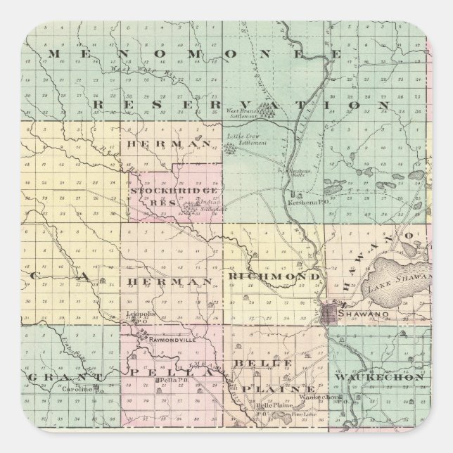 Karte des Shawano-Landkreises, Staat von Wisconsin Quadratischer Aufkleber (Vorderseite)