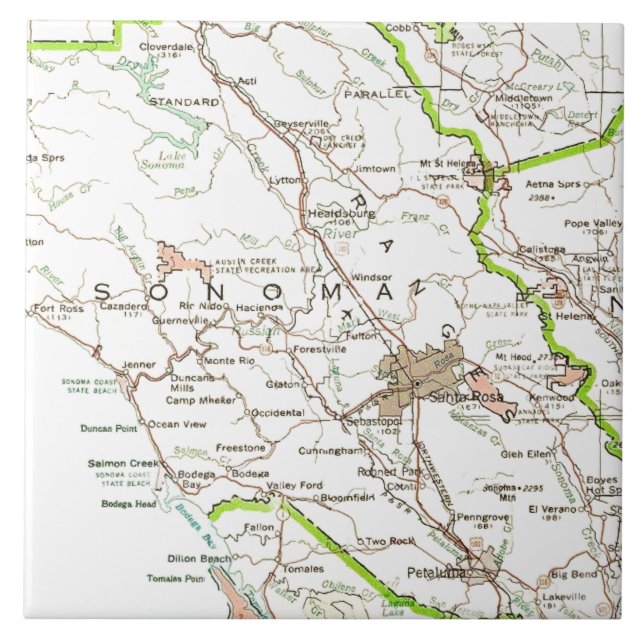 Karte des Sonoma County CA  Fliese (Vorderseite)