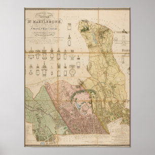 Karte des Stadtteils St Marylebone (London) 1834 Poster