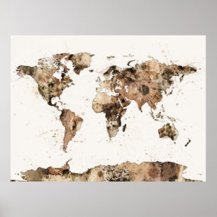 Karte des Weltkartesepia-Aquarells Poster