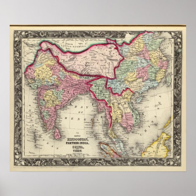 Karte Hindoostan, Farther India, China und Tibet Poster (Vorne)