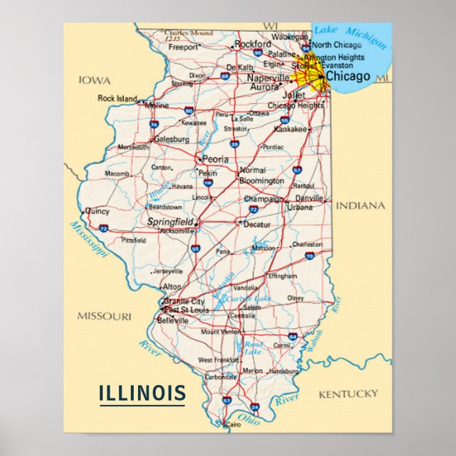 Karte Illinois Reiseziel für Zuhause oder Office Poster (Vorne)