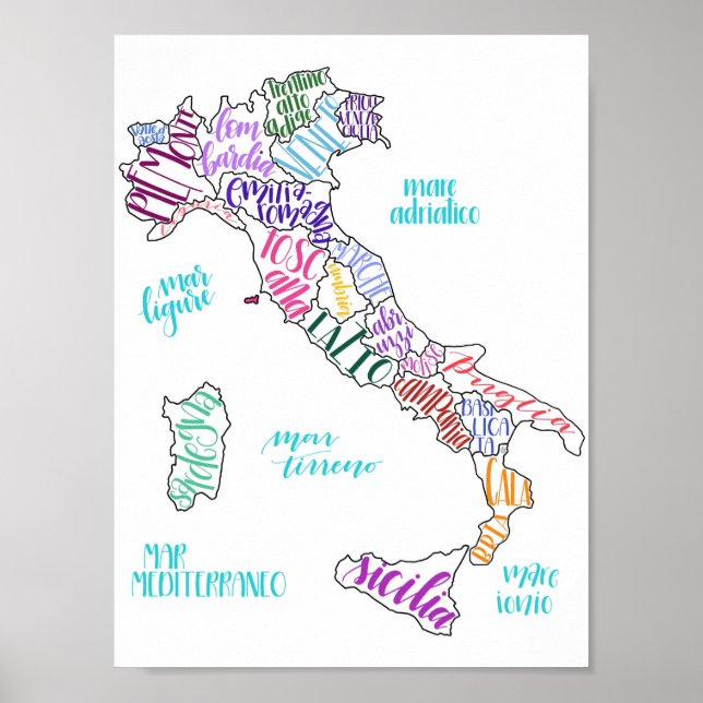 Karte Italiens mit Regionen Poster (Vorne)