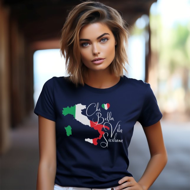 Karte Italiens Sizilianisches Sprichwort Elegantes T-Shirt (Chi Bella Vita Siciliana (dialect for "What a Beautiful Sicilian Life") Navy Tee)