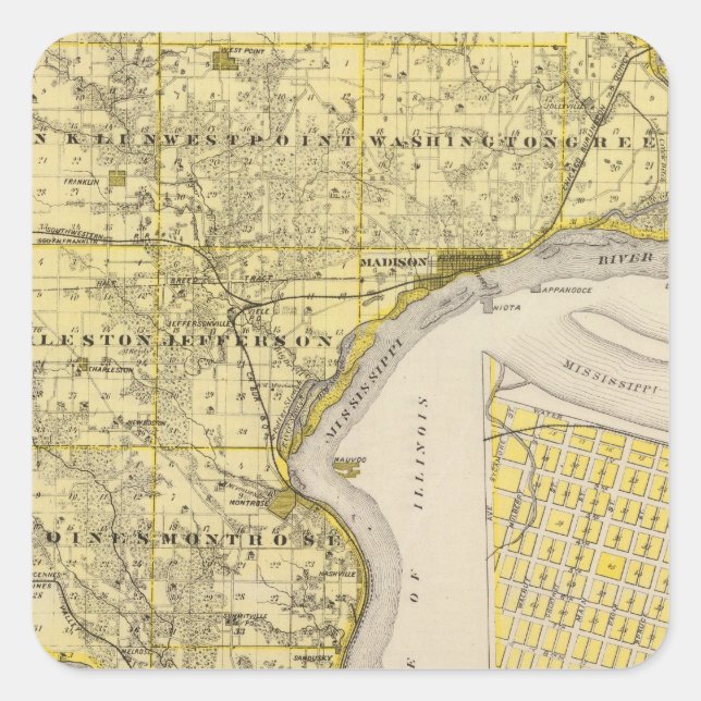 Karte Lee Landkreis und Montrose, Staat von Iowa Quadratischer Aufkleber (Vorderseite)
