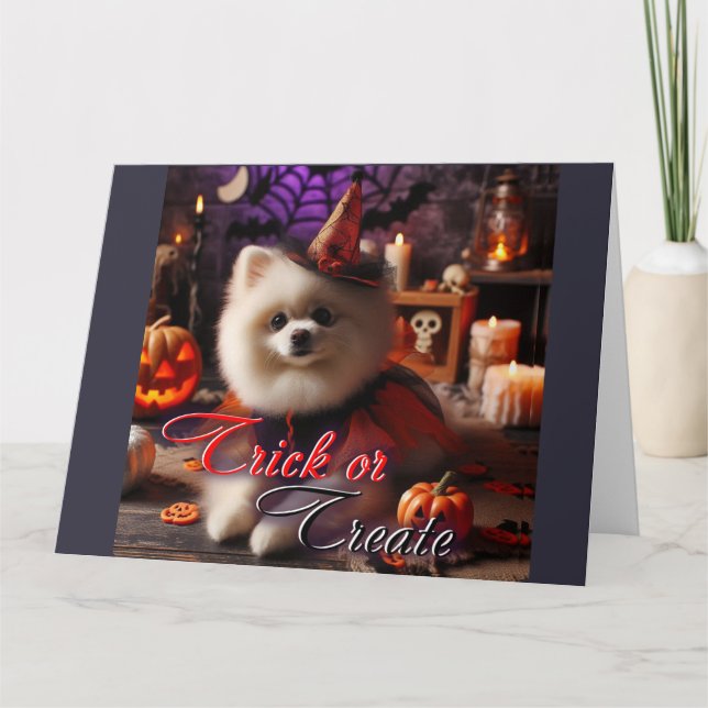 Karte mit einem Druck eines weißen Pommers (Vorderseite)