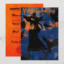 Karte mit Halloween-Hexe auf einem Besen