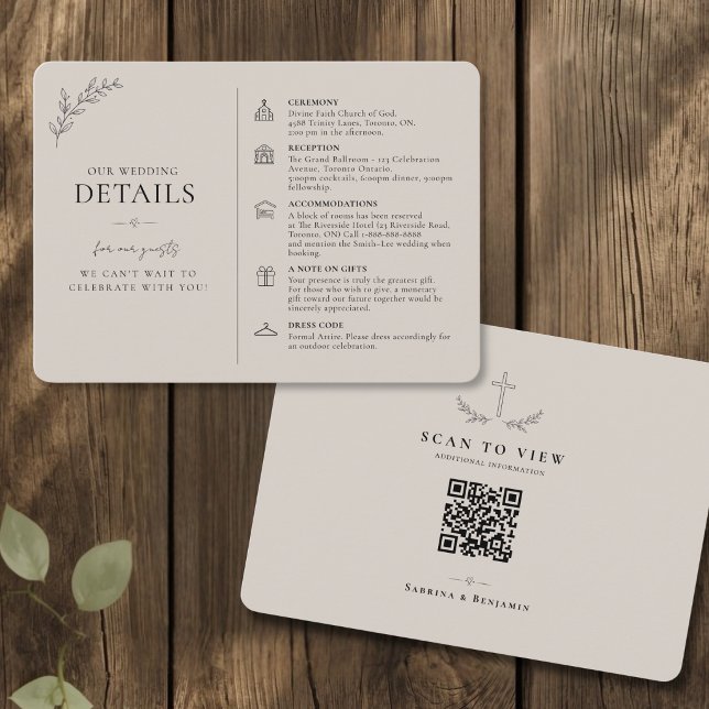 Karte mit Hochzeitsdetails und QR-Code für christl (Hand Drawn Wedding Christian Details Card with QR Code)
