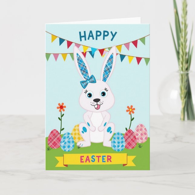 Karte mit kariertem Osterhasen im Frühling (Vorderseite)