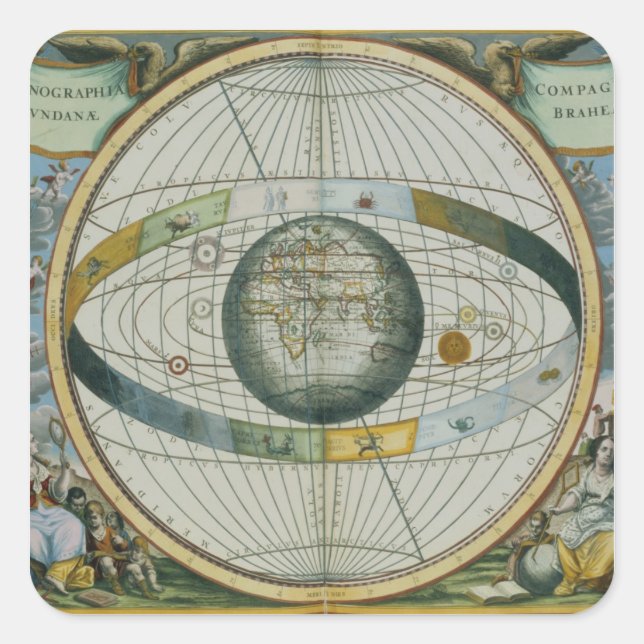 Karte mit Tycho Brahe's System of Planetary Orbi Quadratischer Aufkleber (Vorderseite)