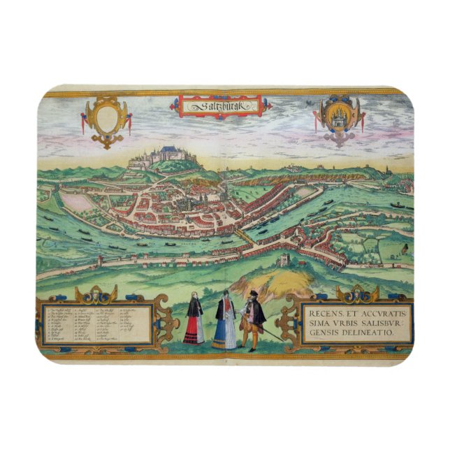 Karte Salzburgs, von 'Civitates Orbis Terrarum' b Magnet (Horizontal)