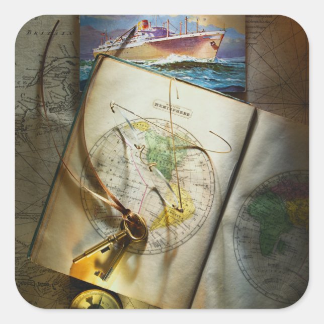 Karte und Kompass Quadratischer Aufkleber (Vorderseite)