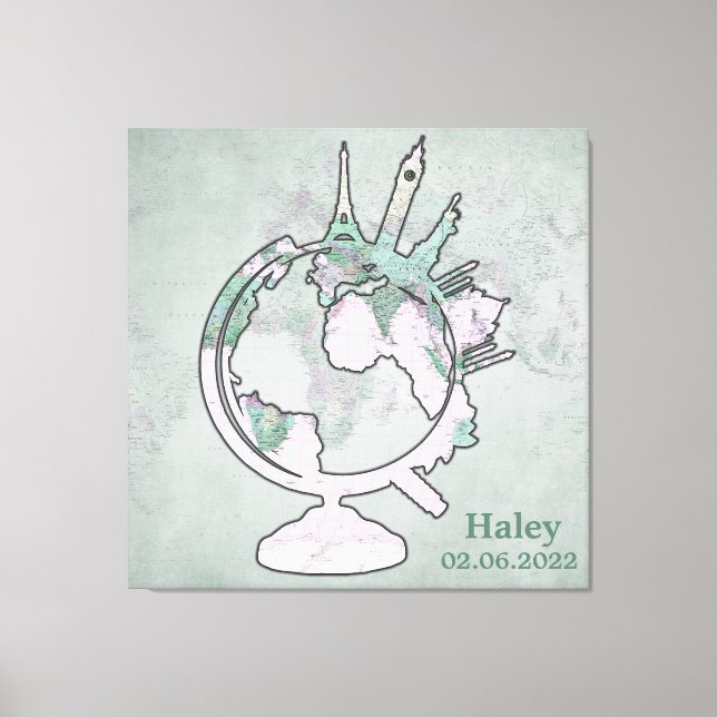 Karte Vintag Pink Sehenswürdigkeit Globe Personali Leinwanddruck (Vorderseite)