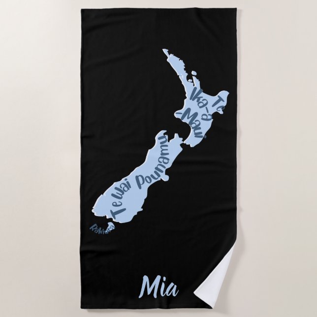 Karte von Aotearoa NZ, Inseln in ihren Namen Māori Strandtuch (Vorderseite)