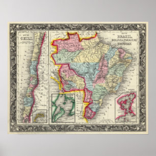 Karte von Brasilien, Bolivien, Paraguay und Urugua Poster