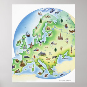Karte von Europa mit Illustrationen von berühmtem Poster