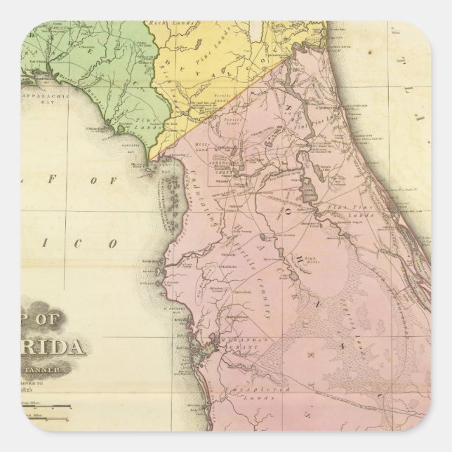 Karte von Florida 2 Quadratischer Aufkleber (Vorderseite)