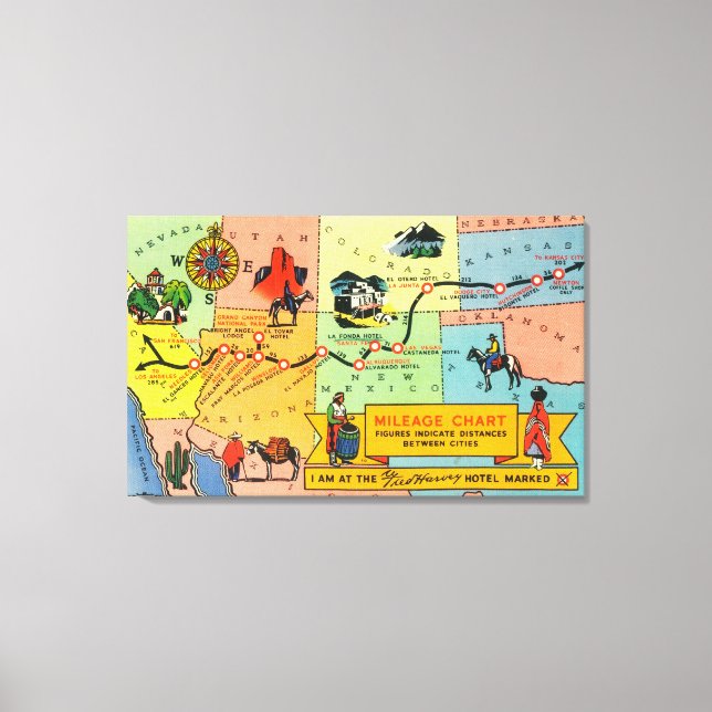 Karte von Fred Harvey Hotel LocationsCA zu KS Leinwanddruck (Vorderseite)