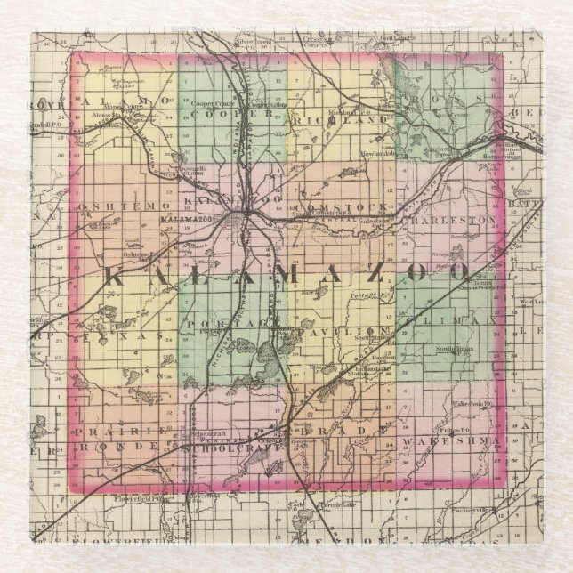 Karte von Kalamazoo County, Michigan Glasuntersetzer (Vorderseite)