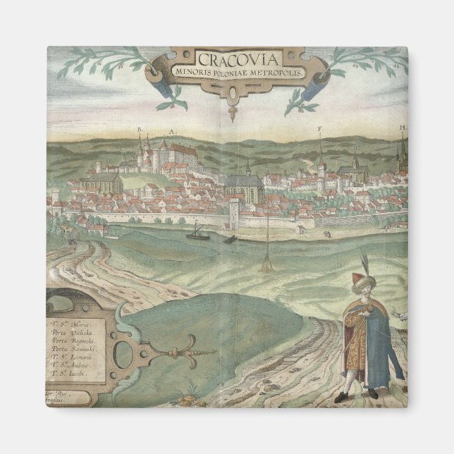 Karte von Krakau, von "Civitates Orbis Terrarum" v Magnet (Vorne)