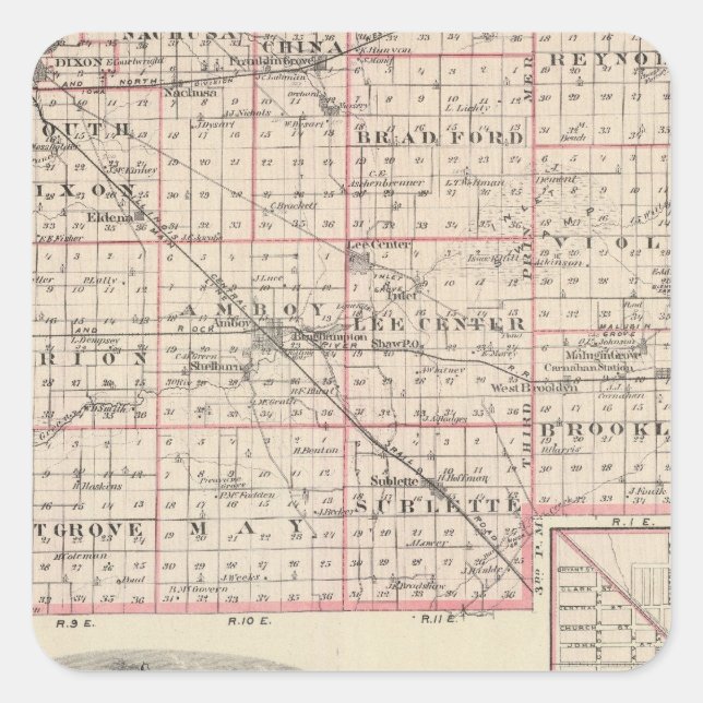 Karte von Lee Landkreis und Amboy Quadratischer Aufkleber (Vorderseite)