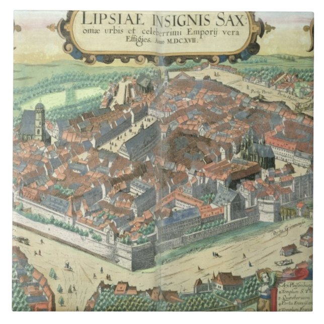 Karte von Leipzig, von "Civitates Orbis Terrarum" Fliese (Vorderseite)