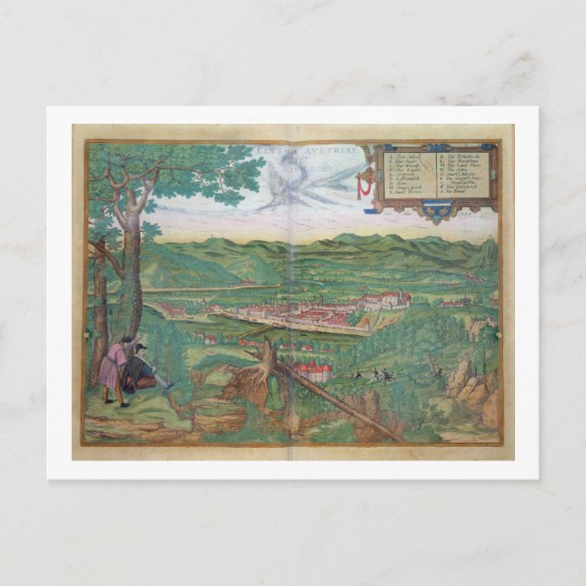 Karte von Linz, von "Civitates Orbis Terrarum" von (Vorderseite)