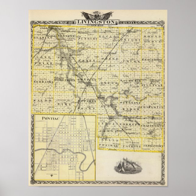 Karte von Livingston Landkreis und Pontiac Poster (Vorne)