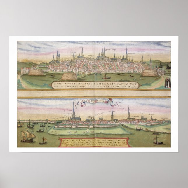Karte von Lubeck und Hamburg, von 'Civitates Orbis Poster (Vorne)
