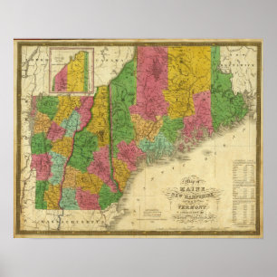 Karte von Maine, New Hampshire und Vermont Poster