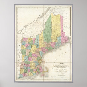 Karte von Maine, New Hampshire, Vermont Poster