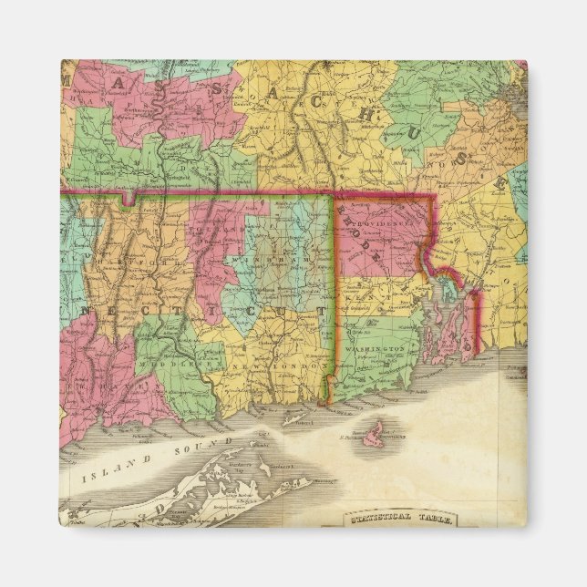 Karte von Massachusetts Connecticut und Rhode Isla Magnet (Vorne)