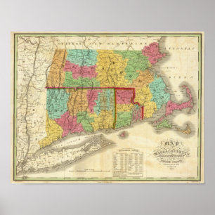 Karte von Massachusetts Connecticut und Rhode Isla Poster