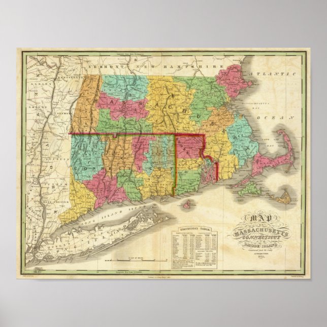 Karte von Massachusetts Connecticut und Rhode Isla Poster (Vorne)