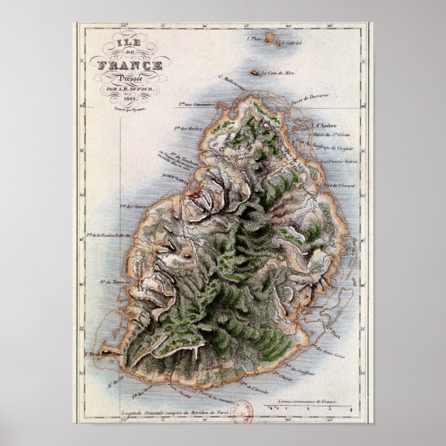 Karte von Mauritius, Abbildung "Paul et Virginie" Poster (Vorne)