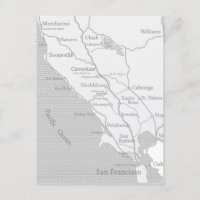 Karte von Mendocino nach San Francisco auf Postkar