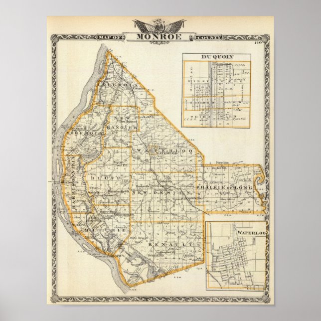 Karte von Monroe Landkreis, DuQuoin und Waterloo Poster (Vorne)