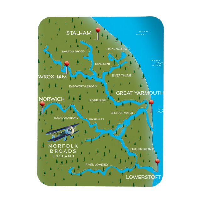 Karte von Norfolk Broads England. Magnet (Vertikal)