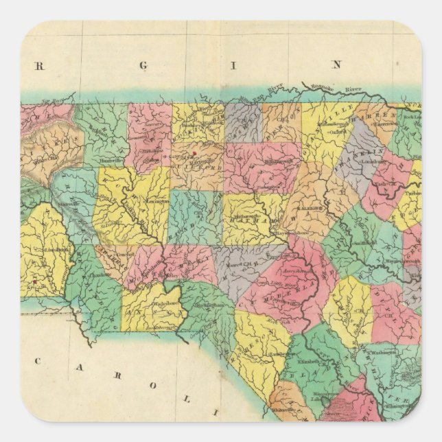 Karte von North Carolina Quadratischer Aufkleber (Vorderseite)